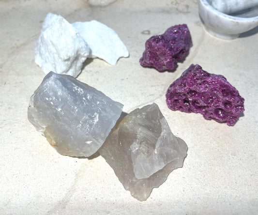 Peace & Courage Crystal Power Pack: Raw Ruby, Blue Quartz, White Jade