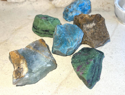 Raw Crystal Healing Power Pack: Blue Apatite, Ruby Fuchsite, Blue Onyx