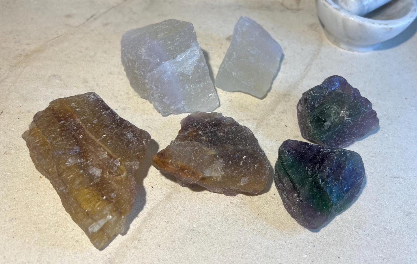 Raw Fluorite Crystal Set: Rainbow, Yellow, Candy - Home Decor