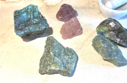 Raw Crystal Power Pack: Strawberry Quartz, Labradorite, Green Jade