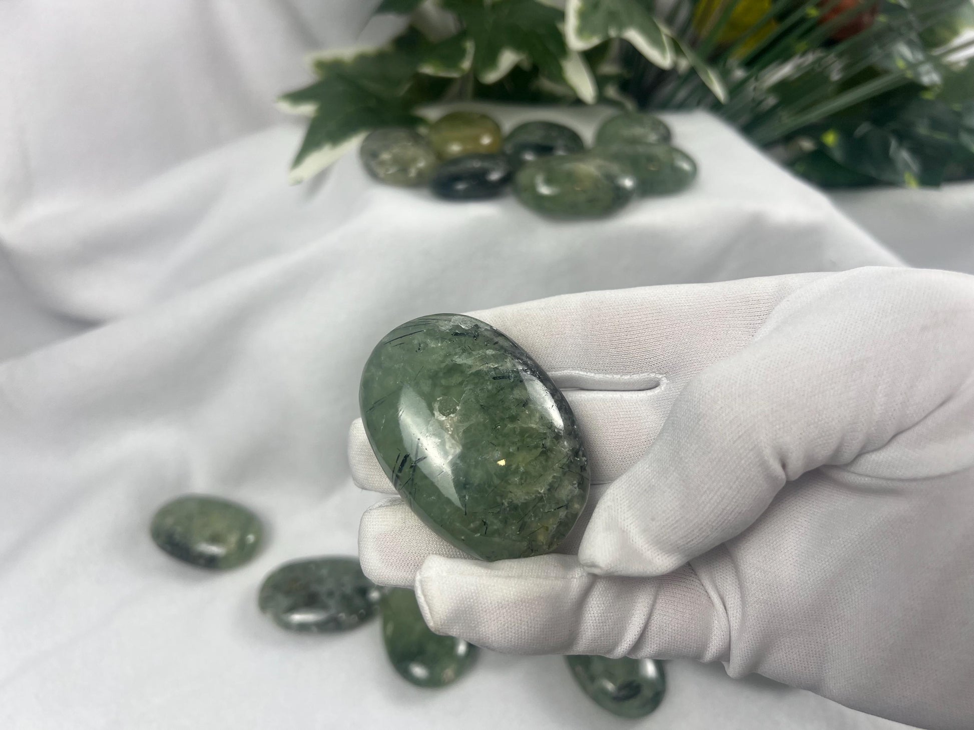 Himalayan Epidote in Prehnite Polished Crystal Palm Stones Anxiety Stress Worry Relief Gift Home Decor Birthday Christmas Xmas Meditation