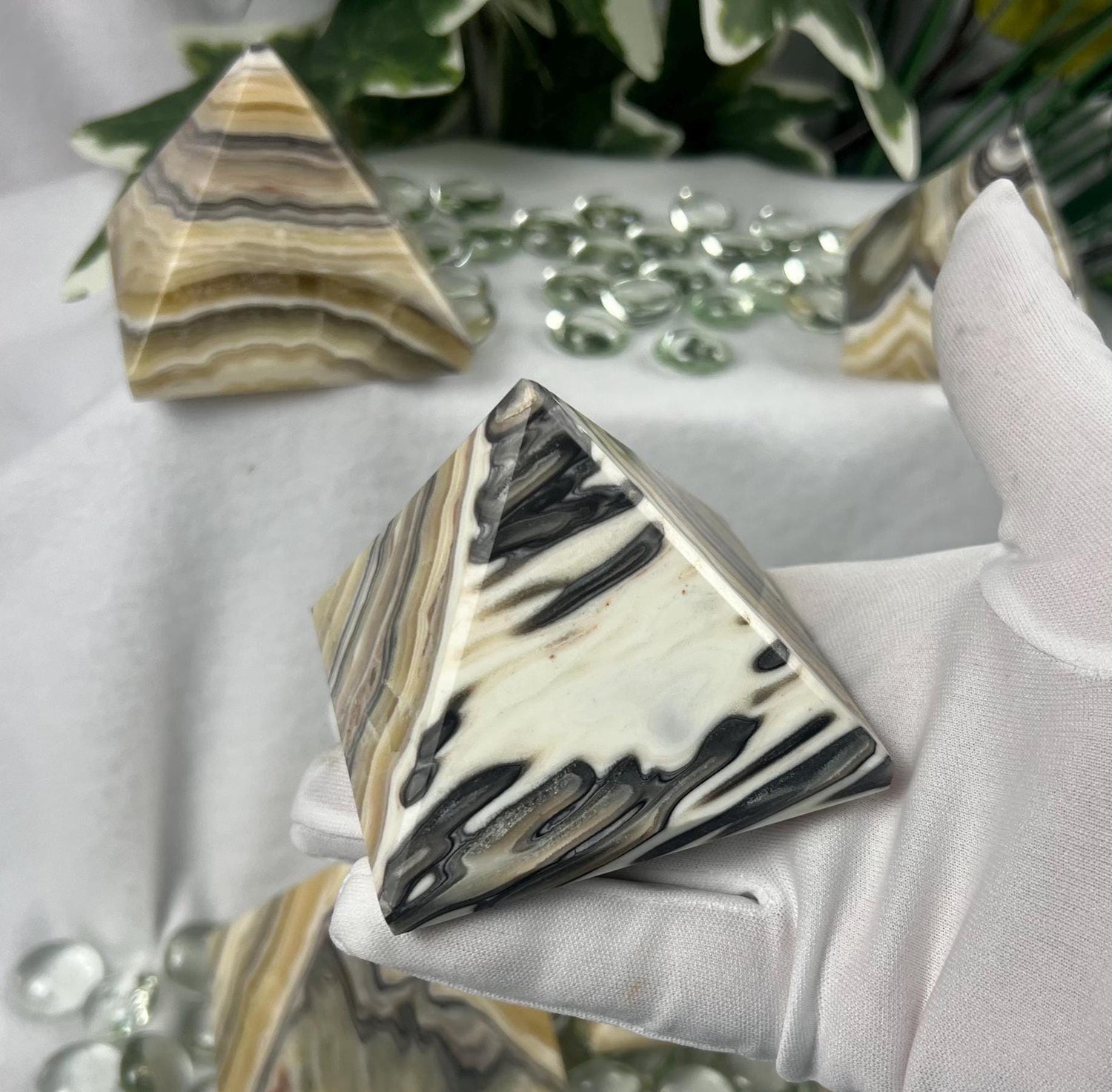 Zebra Calcite Pyramid: Polished Carved Crystal - Meditation Decor