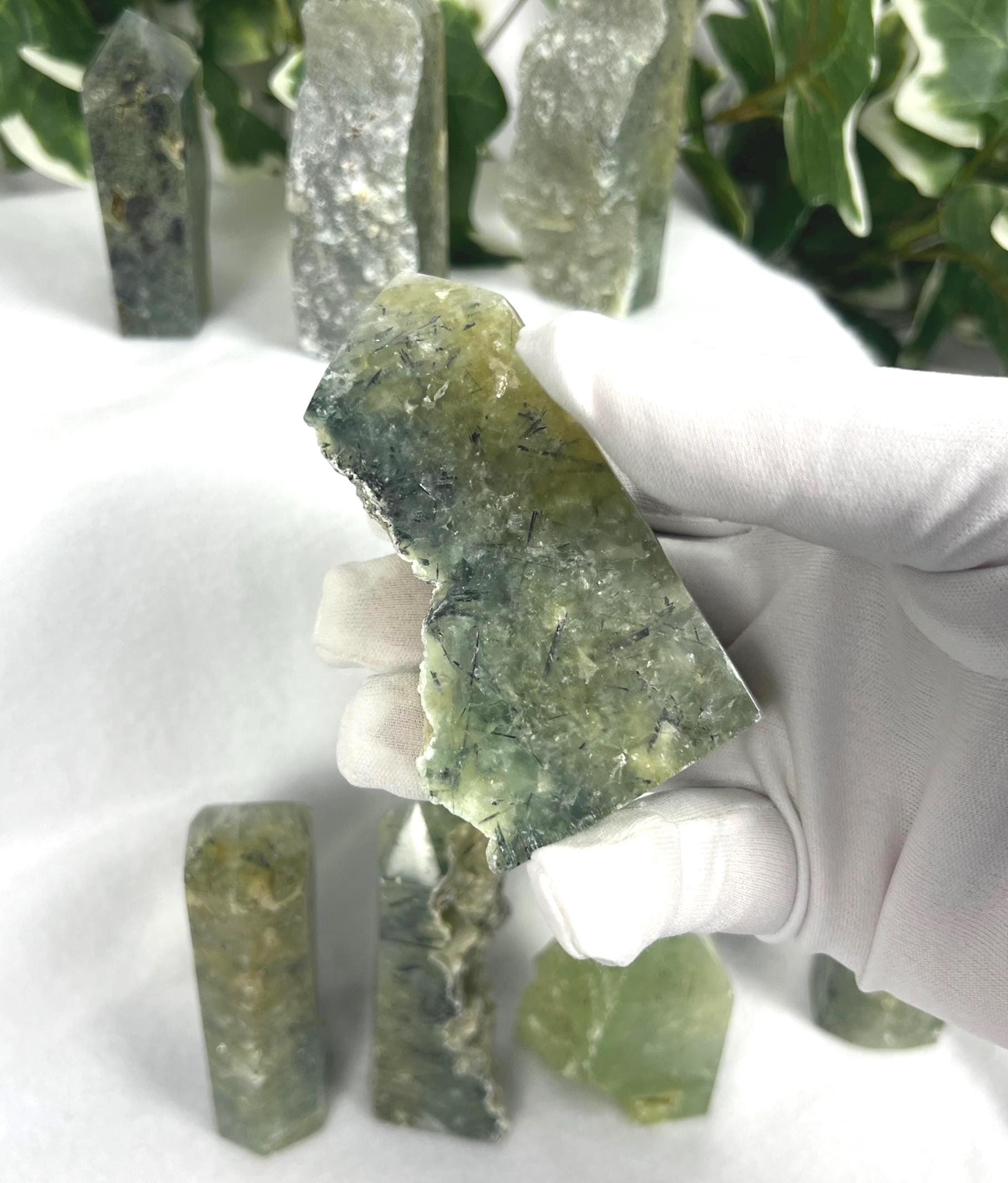 Polished Prehnite Crystal Tower: Natural Palm Stone for Anxiety Relief Home Decor Worry Pocket Stress Anxiety Palm Stone
