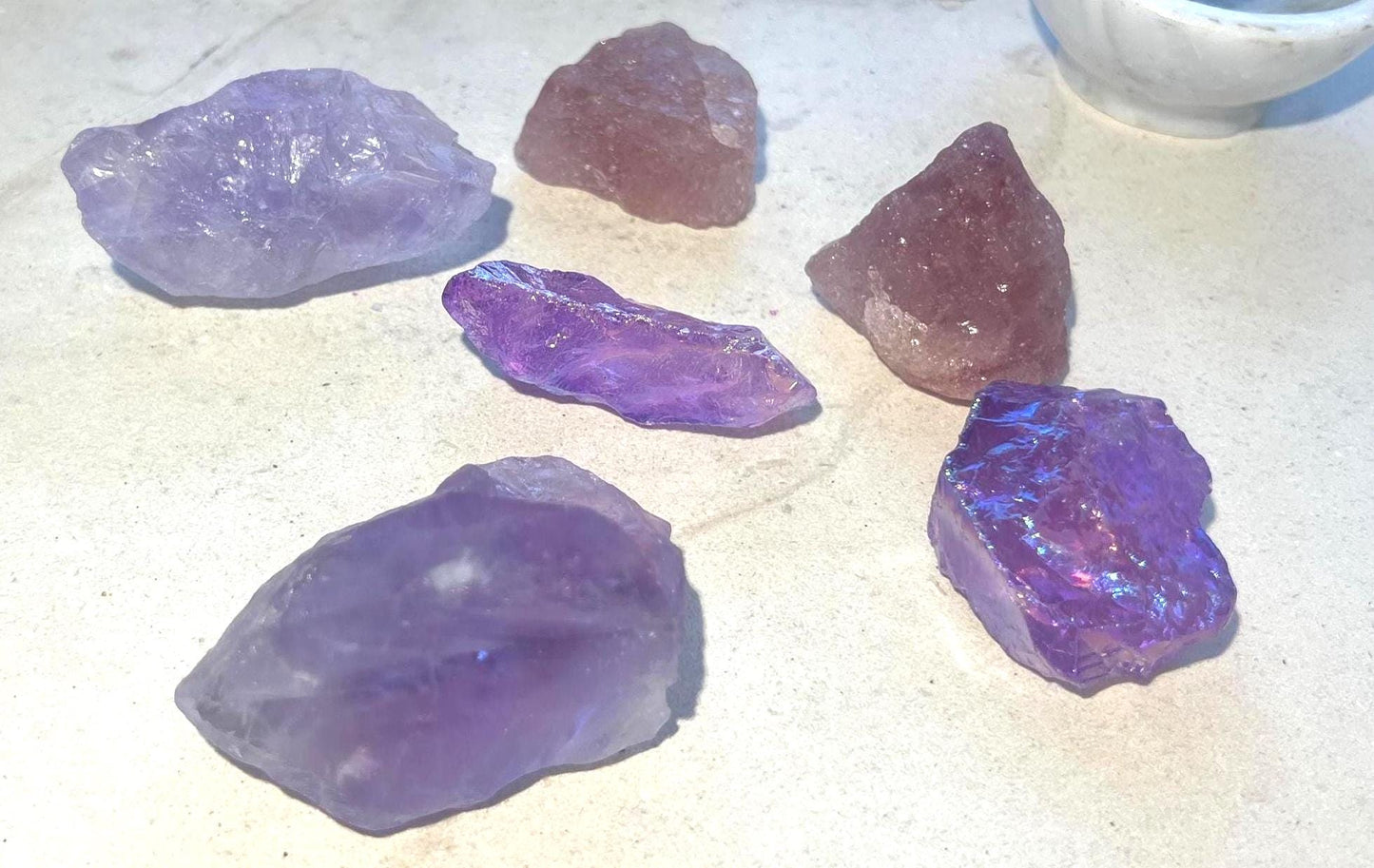 Raw Aura Quartz Crystal Set: Amethyst & Strawberry Quartz - Inner Peace Decor