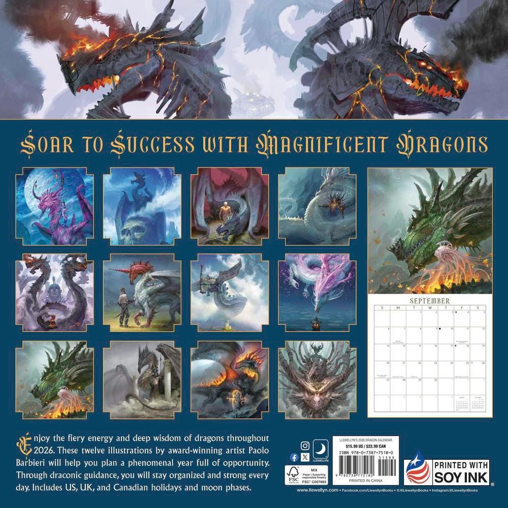 Llewellyn's 2026 Dragon Calendar Wellness Green Spiritual Witchcraft spells Art Painting Picture Craft Holiday Christmas Xmas Gift