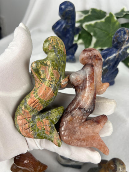 Crystal Mermaid Carving: Polished Gemstone Statue, Home Decor