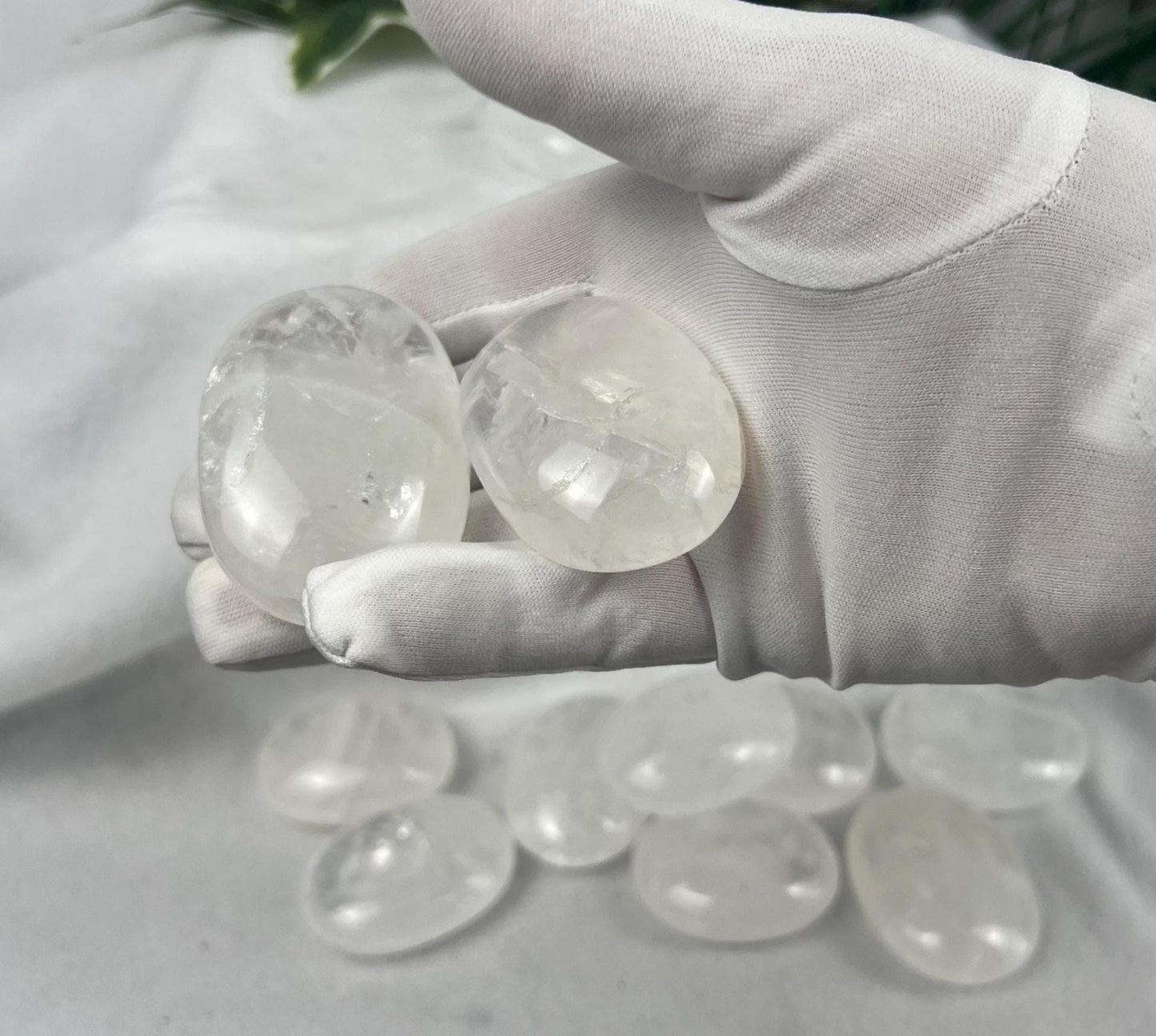 Indian Clear Quartz Natural Palm Stone Smooth Polished Carved Crystal for Distraction Worry Anxiety Home Decor Meditation Christmas Gift