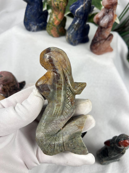 Crystal Mermaid Carving: Polished Gemstone Statue, Home Decor