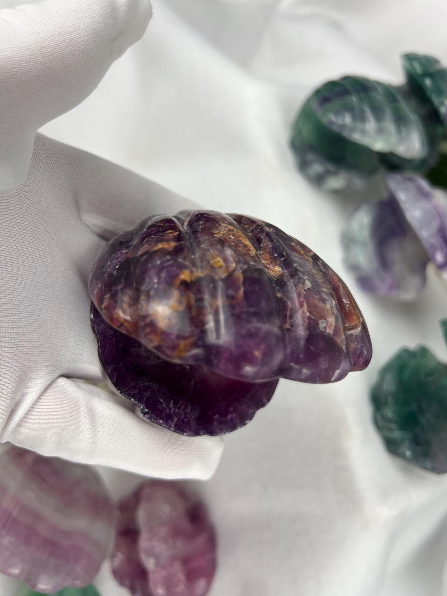 Fluorite Crystal Seashell Carving: Polished Gemstone Statue