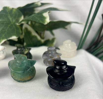 Hand Carved Crystal Halloween Carvings: Pumpkin, Ghost, Owl - Aventurine, Agate
