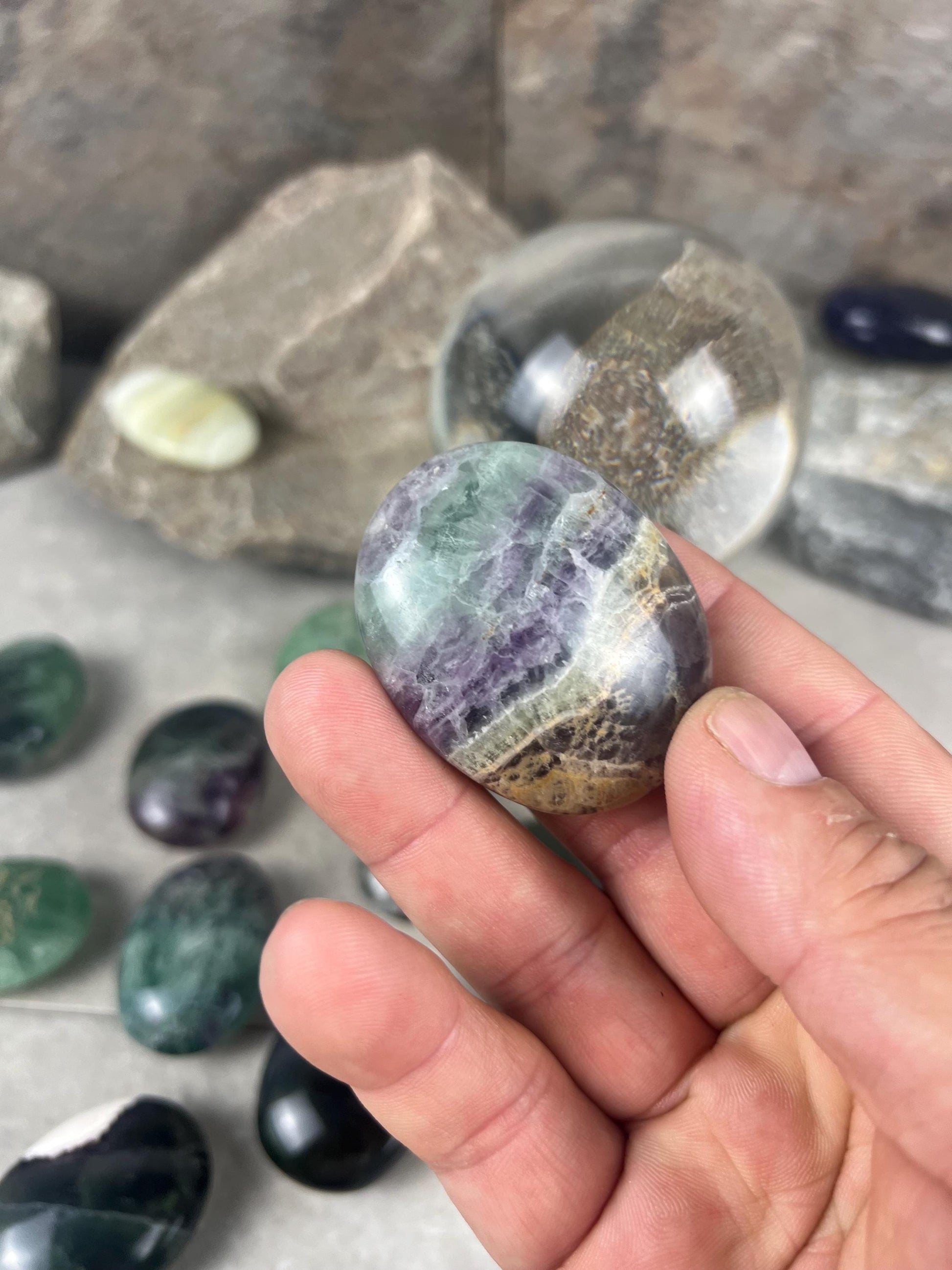 Rainbow Fluorite Palm Stone: Polished Crystal for Anxiety Relief