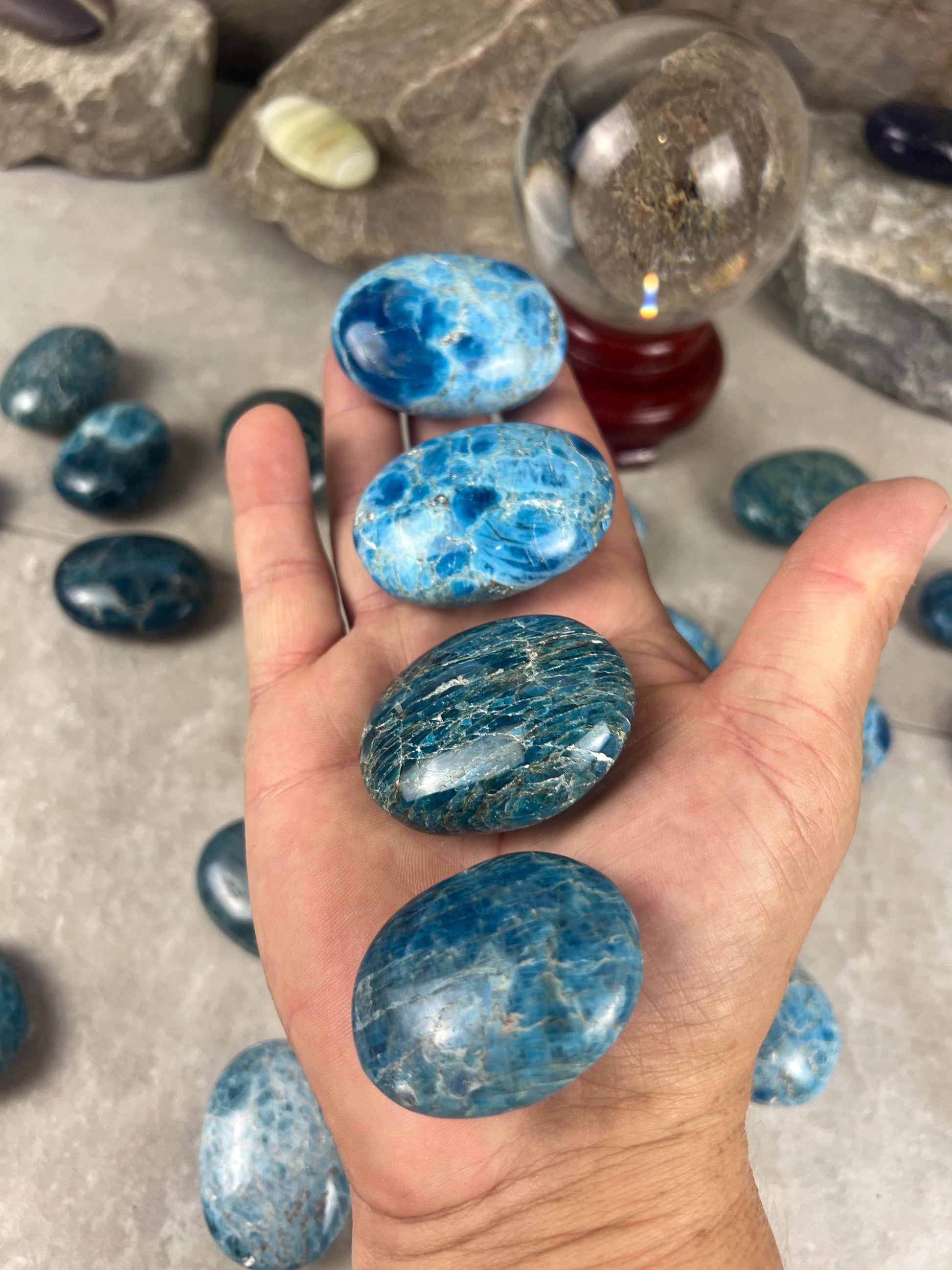 Antsirabe Madagascan Blue Apatite Palm Stone Polished Worry Stone, Pocket Crystal Christmas Birthday Gift Pocket Stone