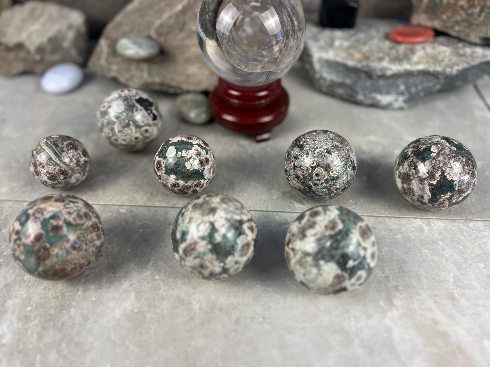 Polished Madagascan Flower Agate Sphere: Reflective Home Decor Stone