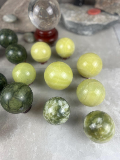 Nephrite, Imperial, and Lemon Jade Spheres: Reflective Home Decor