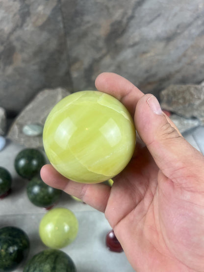 Nephrite, Imperial, and Lemon Jade Spheres: Reflective Home Decor