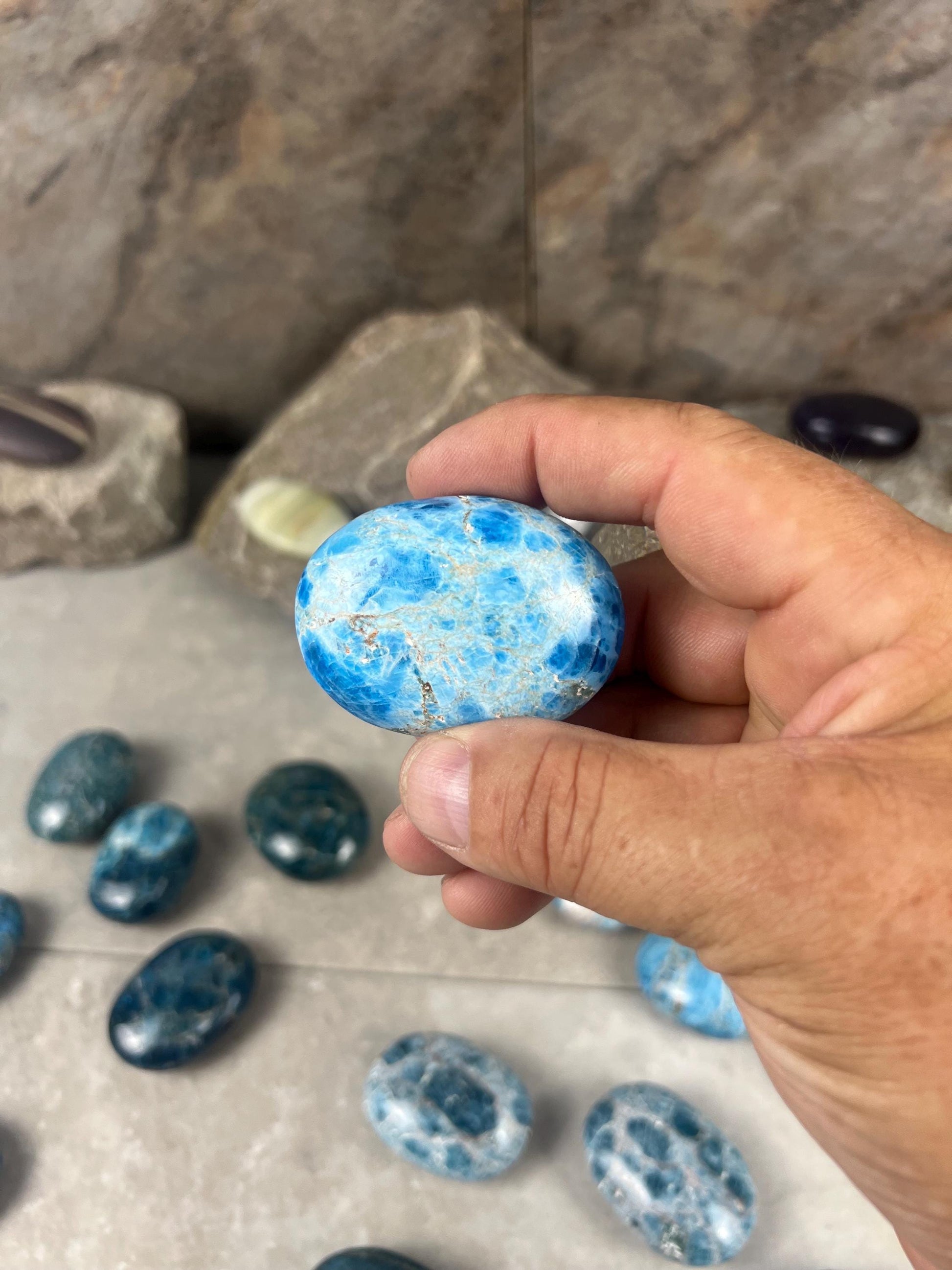 Antsirabe Madagascan Blue Apatite Palm Stone Polished Worry Stone, Pocket Crystal Christmas Birthday Gift Pocket Stone