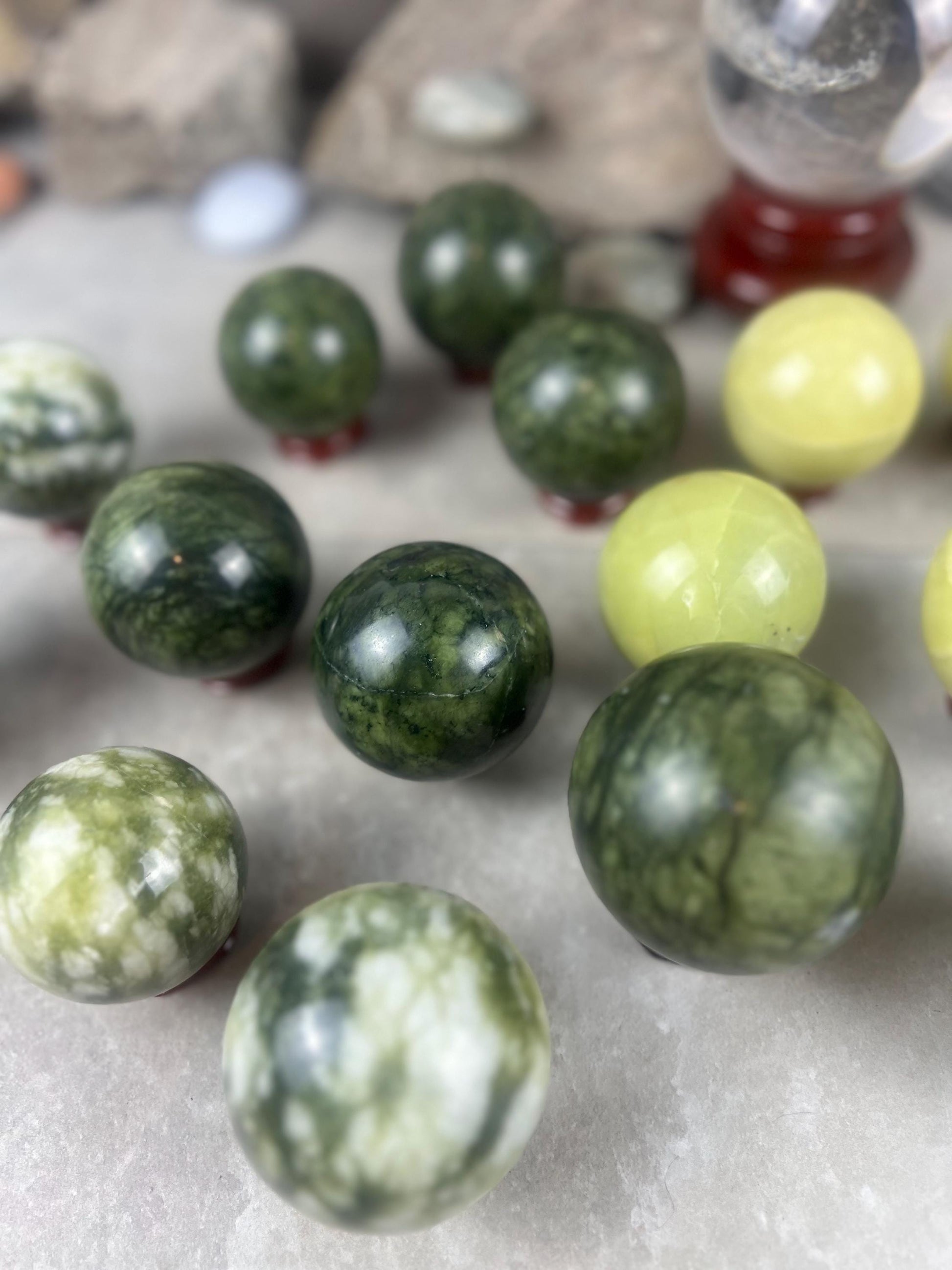 Nephrite, Imperial, and Lemon Jade Spheres: Reflective Home Decor