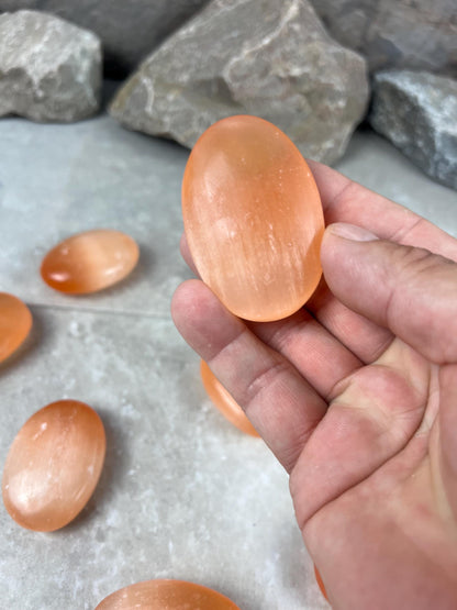 Turkish Mandarin Orange Selenite Palm Stone: Natural Crystal for Anxiety Relief Home Decor Worry Pocket Stress Anxiety Palm Stone
