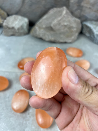 Turkish Mandarin Orange Selenite Palm Stone: Natural Crystal for Anxiety Relief Home Decor Worry Pocket Stress Anxiety Palm Stone