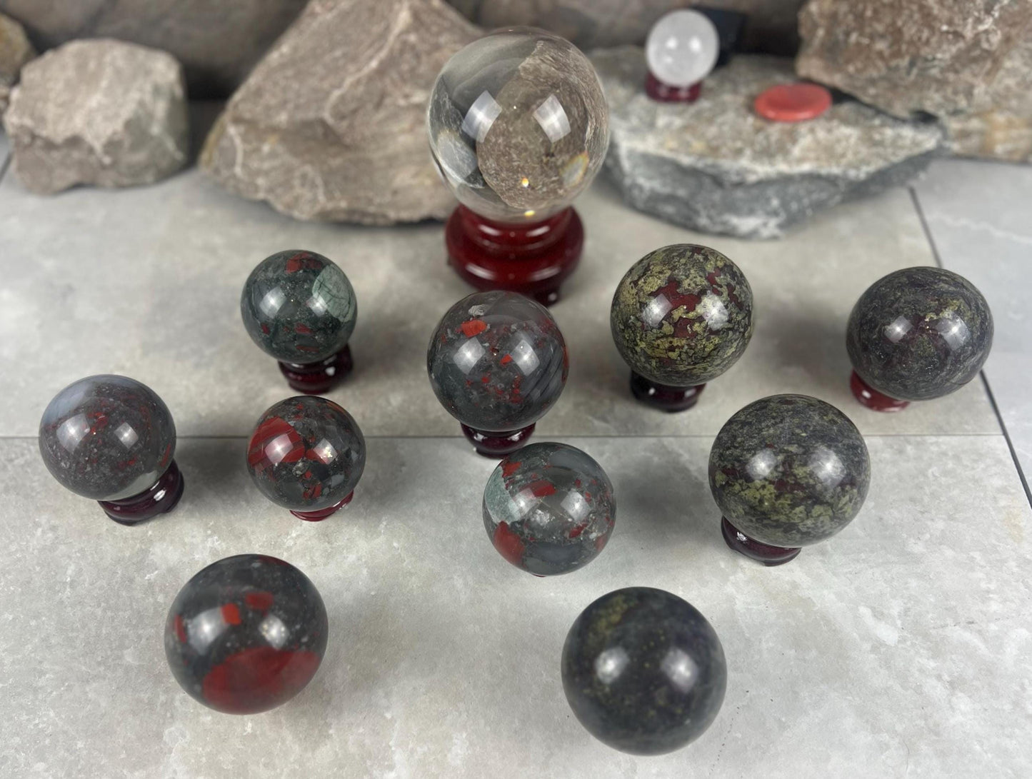 Dragons Blood and Bloodstone highly polished Spheres Reflective Home Decor, Focus Aid