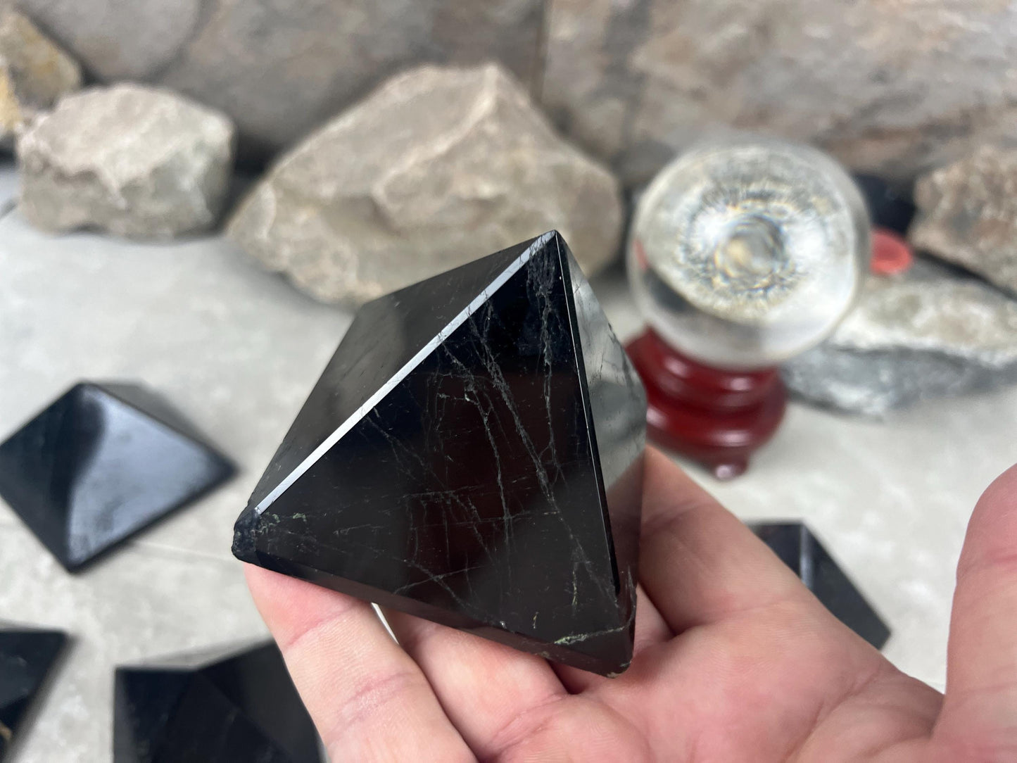 Namibia Black Tourmaline Natural Pyramid Smooth Polished Carved Crystal Worry Anxiety Distraction Meditation Christmas Xmas Gift Decor Focus