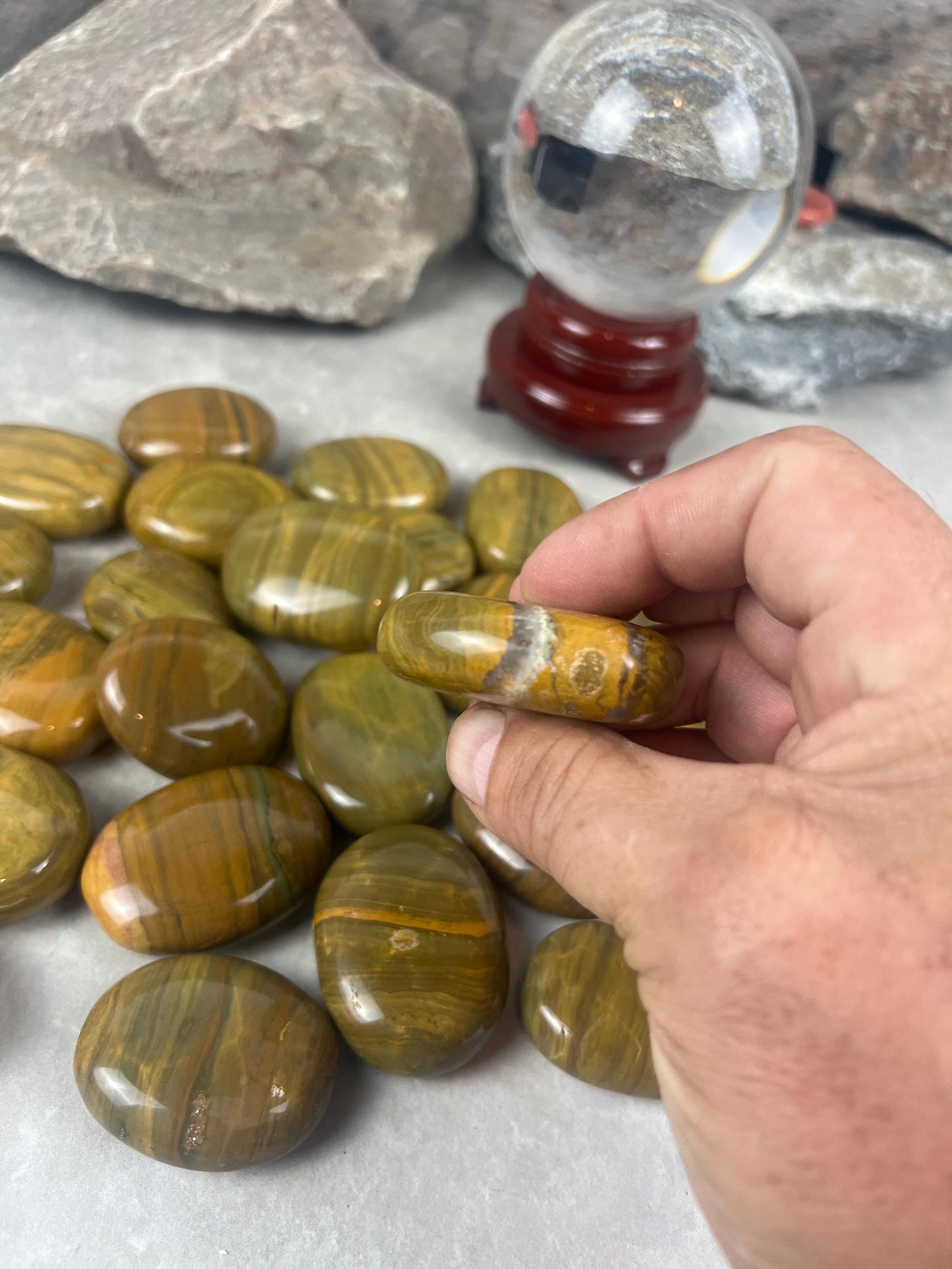 Madagascan Yellow Banded Ocean Jasper Palm Stone: Polished Worry Stone Home Decor Worry Pocket Stress Anxiety Palm Stone