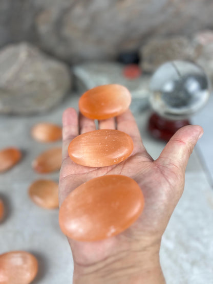 Turkish Mandarin Orange Selenite Palm Stone: Natural Crystal for Anxiety Relief Home Decor Worry Pocket Stress Anxiety Palm Stone