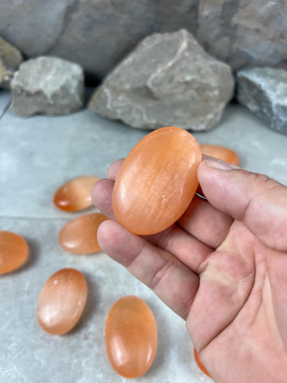 Turkish Mandarin Orange Selenite Palm Stone: Natural Crystal for Anxiety Relief Home Decor Worry Pocket Stress Anxiety Palm Stone