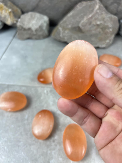 Turkish Mandarin Orange Selenite Palm Stone: Natural Crystal for Anxiety Relief Home Decor Worry Pocket Stress Anxiety Palm Stone