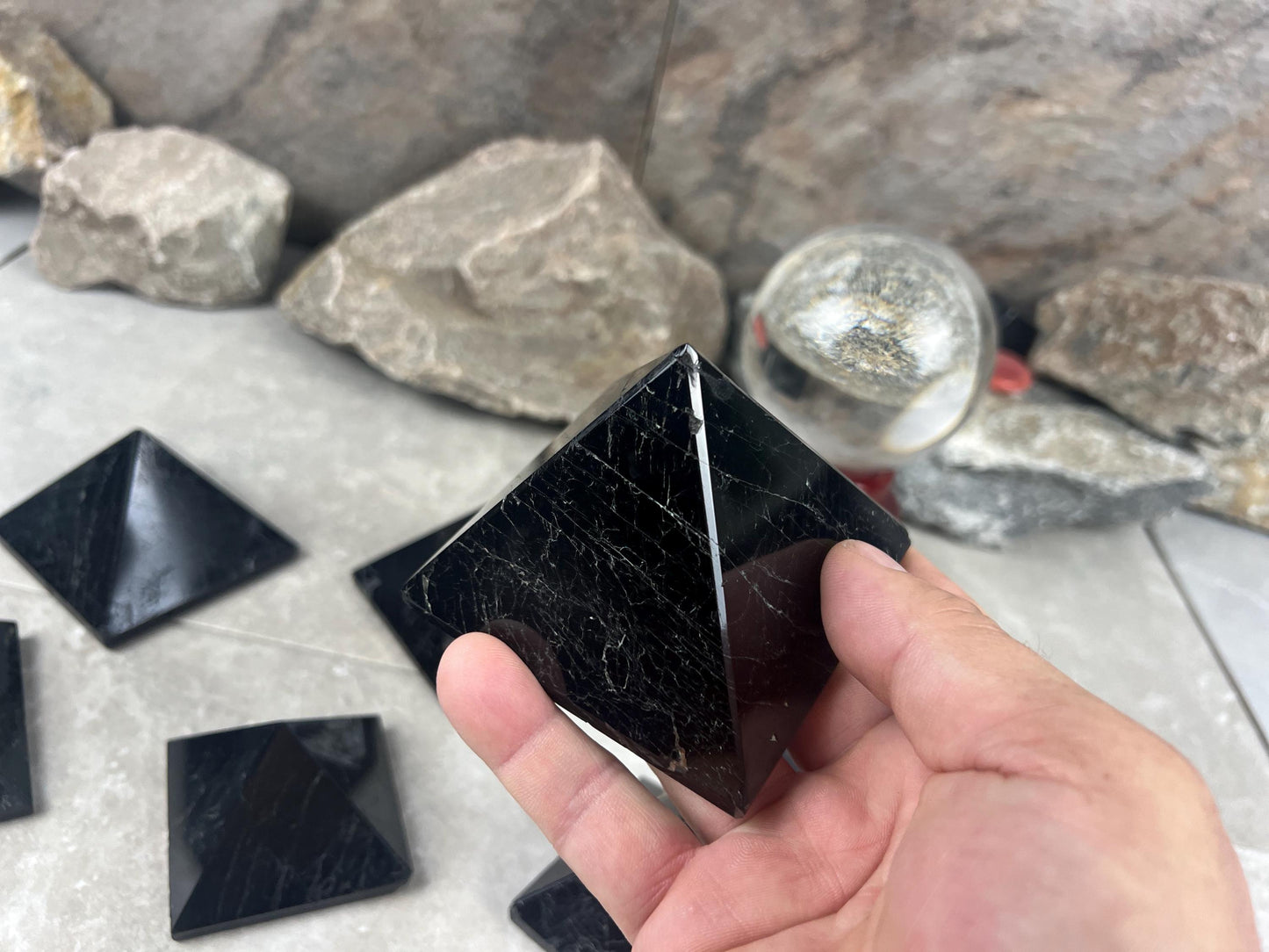 Namibia Black Tourmaline Natural Pyramid Smooth Polished Carved Crystal Worry Anxiety Distraction Meditation Christmas Xmas Gift Decor Focus