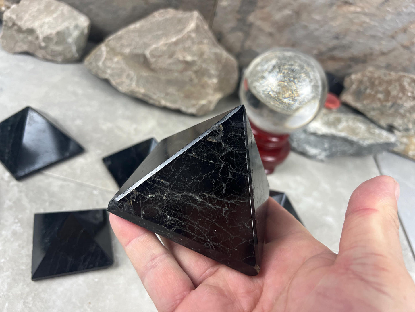 Namibia Black Tourmaline Natural Pyramid Smooth Polished Carved Crystal Worry Anxiety Distraction Meditation Christmas Xmas Gift Decor Focus