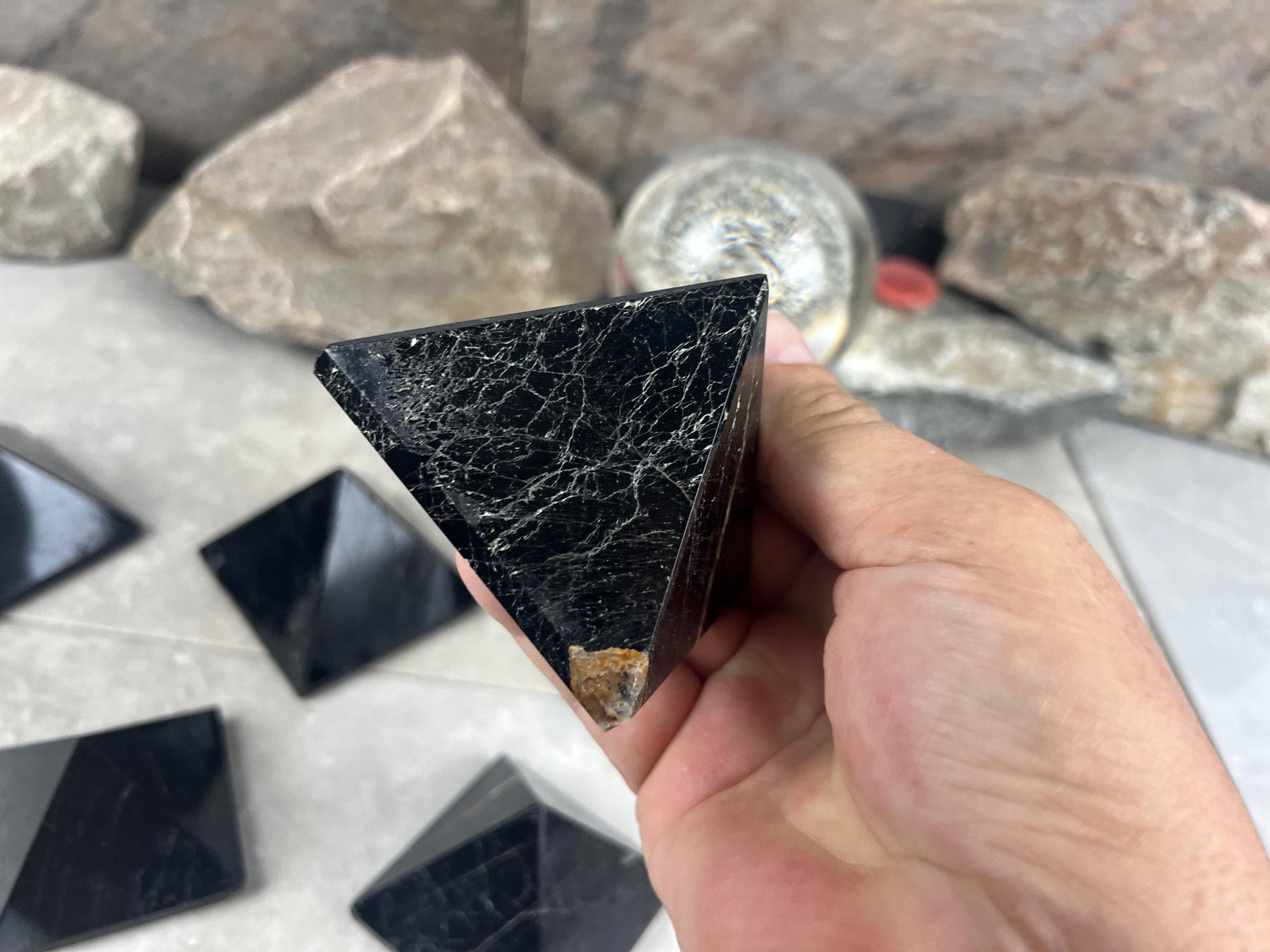 Namibia Black Tourmaline Natural Pyramid Smooth Polished Carved Crystal Worry Anxiety Distraction Meditation Christmas Xmas Gift Decor Focus
