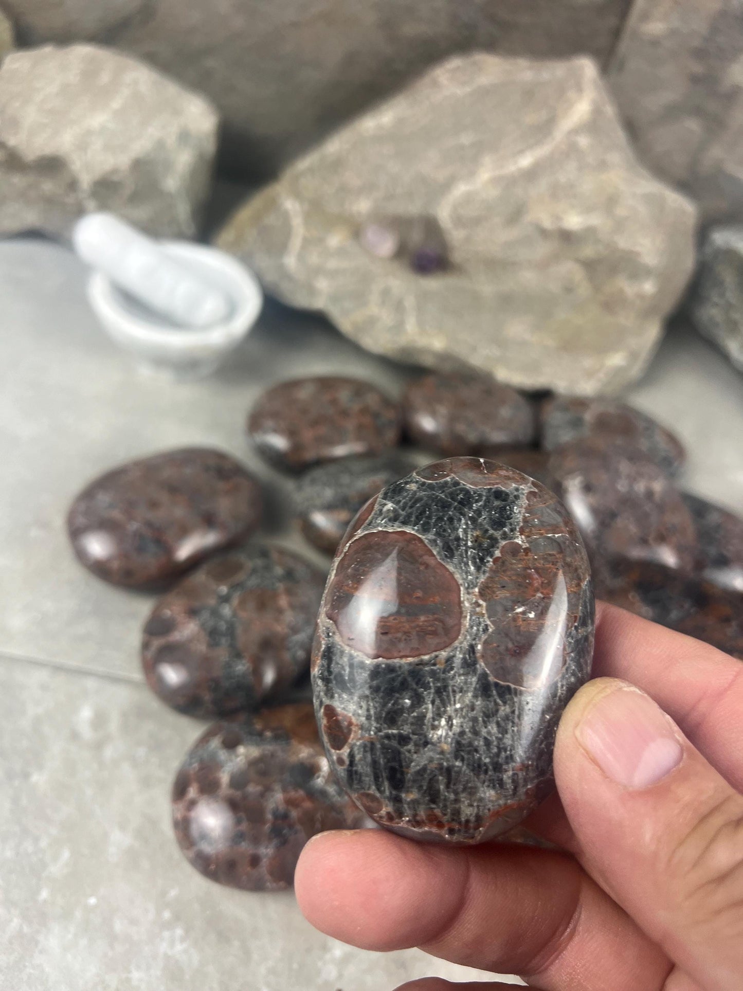 Manahoro Coast Madagascan Black Ocean Jasper Palm Stone Polished Crystal Worry Anxiety Distraction