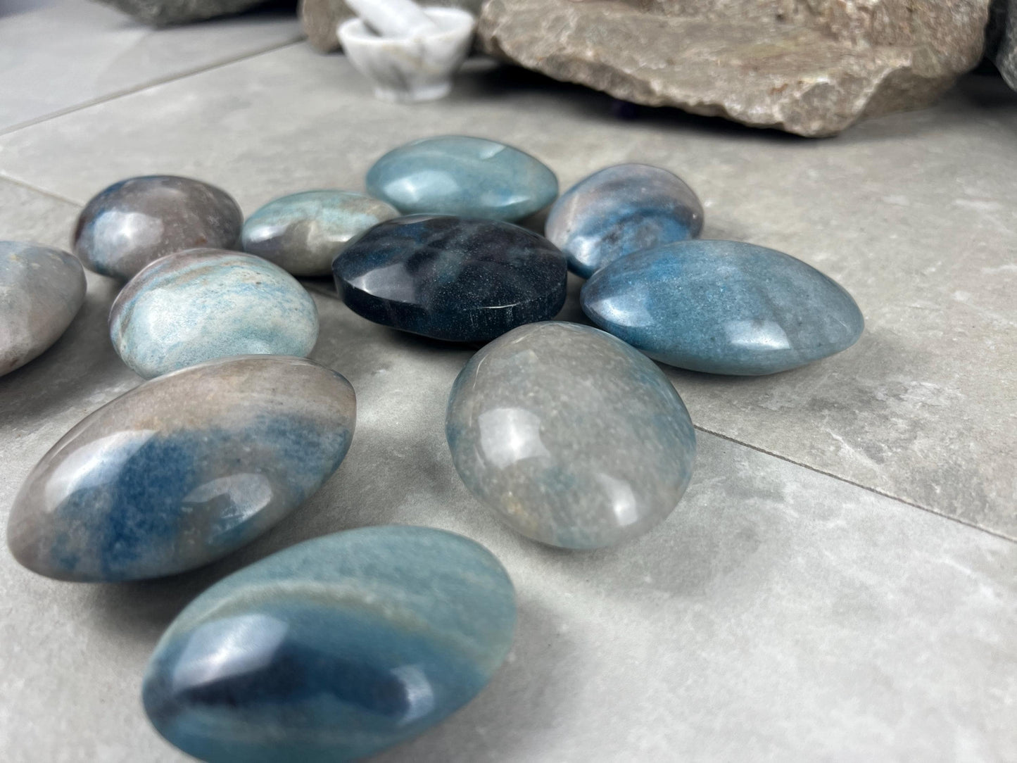 Nigerian Blue Trolleite Natural Polished Palm Stone Polished Crystal for Stress Relief Home Decor Home Decor Anxiety Pocket