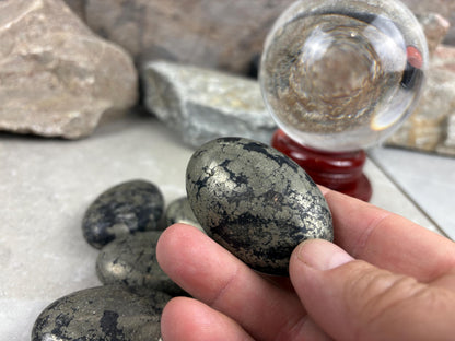 Spanish Black Iron Pyrite Egg Palm Stones Crystal Polished Home Decor, Meditation Dense Heavy stones for distraction from anxiety