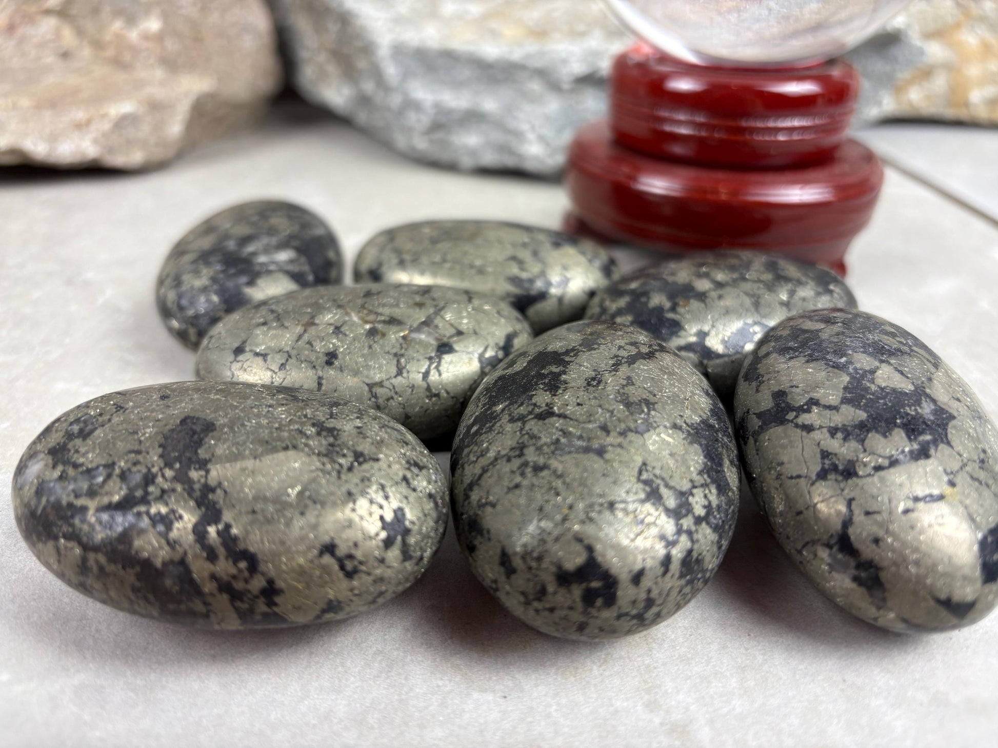 Spanish Black Iron Pyrite Egg Palm Stones Crystal Polished Home Decor, Meditation Dense Heavy stones for distraction from anxiety