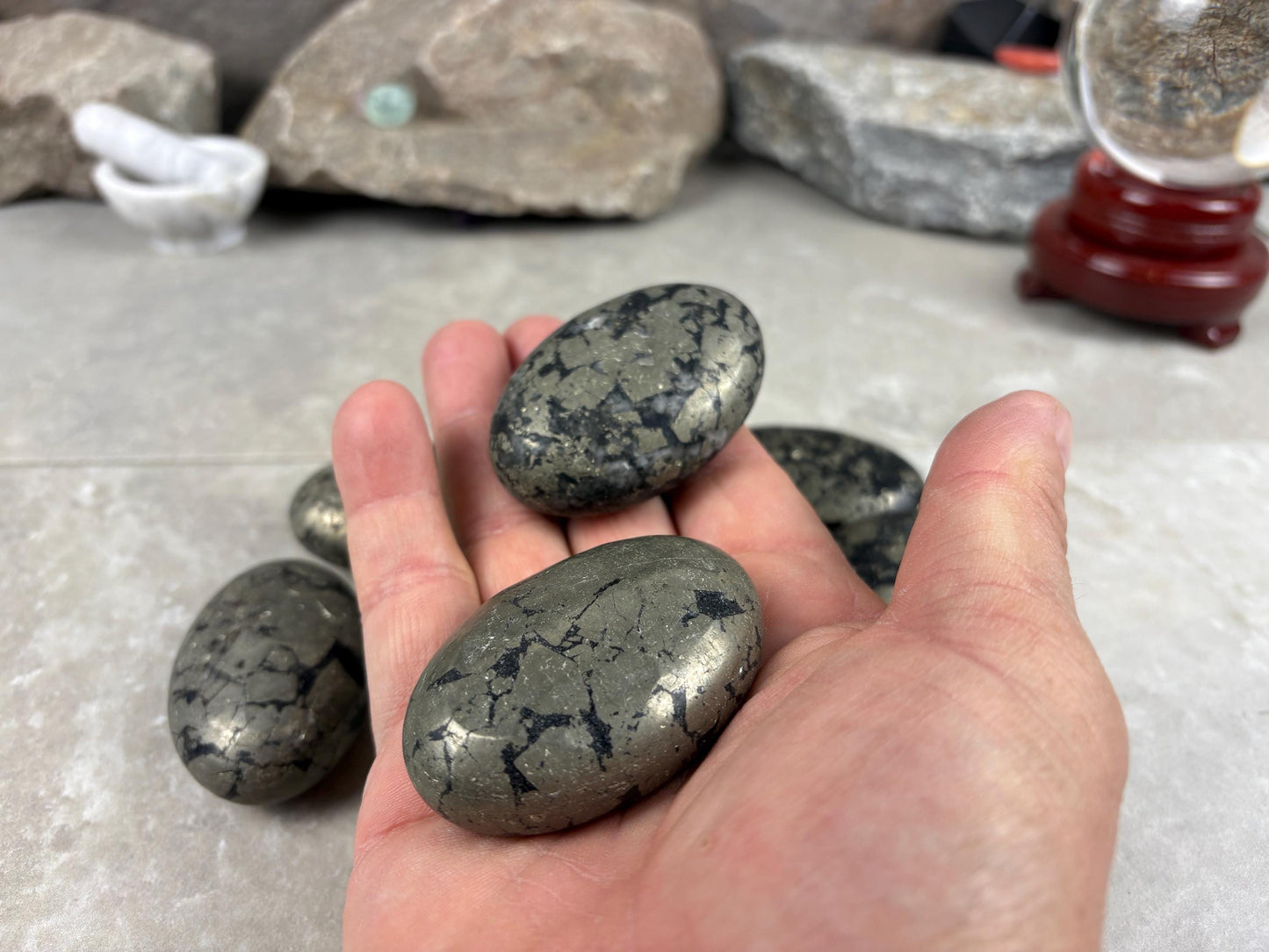 Spanish Black Iron Pyrite Egg Palm Stones Crystal Polished Home Decor, Meditation Dense Heavy stones for distraction from anxiety