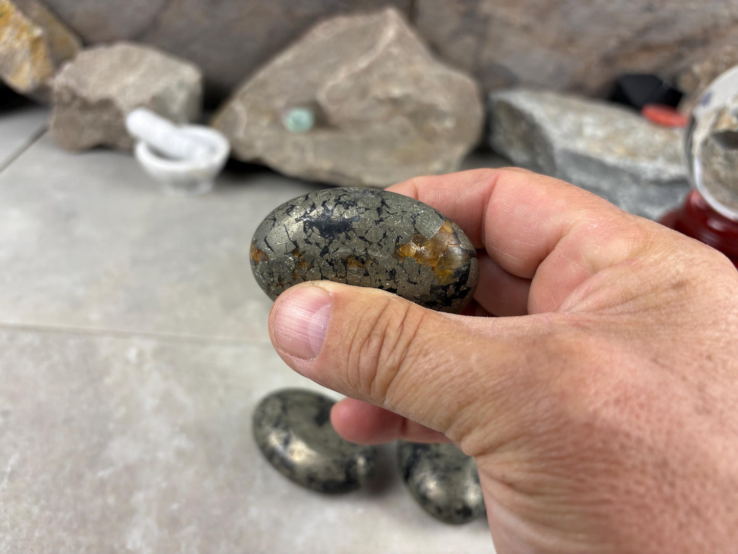Spanish Black Iron Pyrite Egg Palm Stones Crystal Polished Home Decor, Meditation Dense Heavy stones for distraction from anxiety