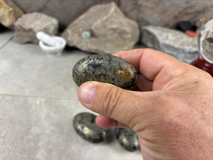 Spanish Black Iron Pyrite Egg Palm Stones Crystal Polished Home Decor, Meditation Dense Heavy stones for distraction from anxiety