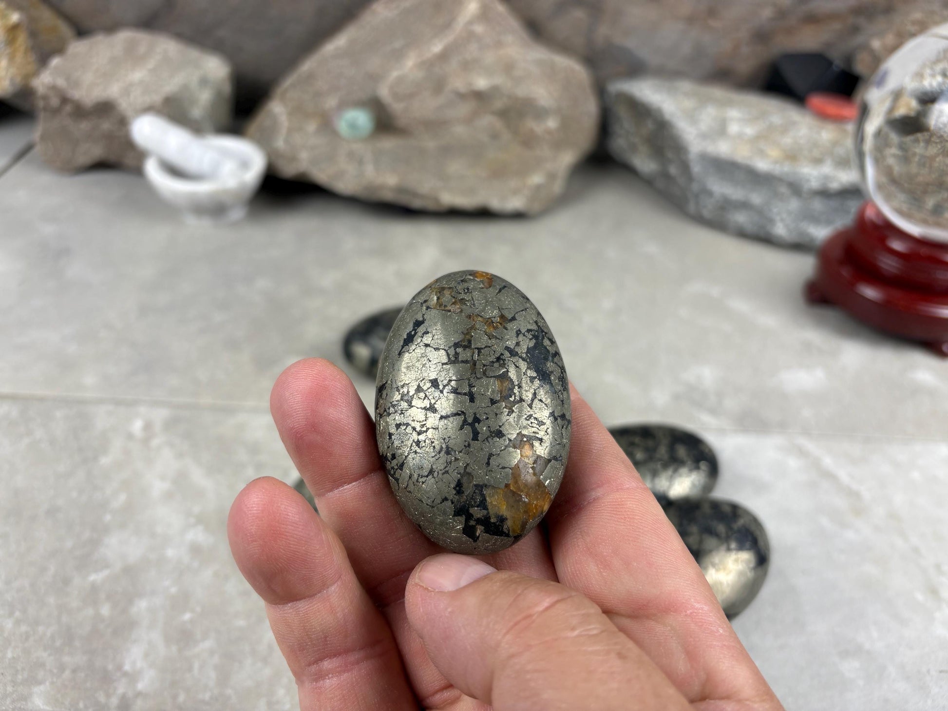Spanish Black Iron Pyrite Egg Palm Stones Crystal Polished Home Decor, Meditation Dense Heavy stones for distraction from anxiety