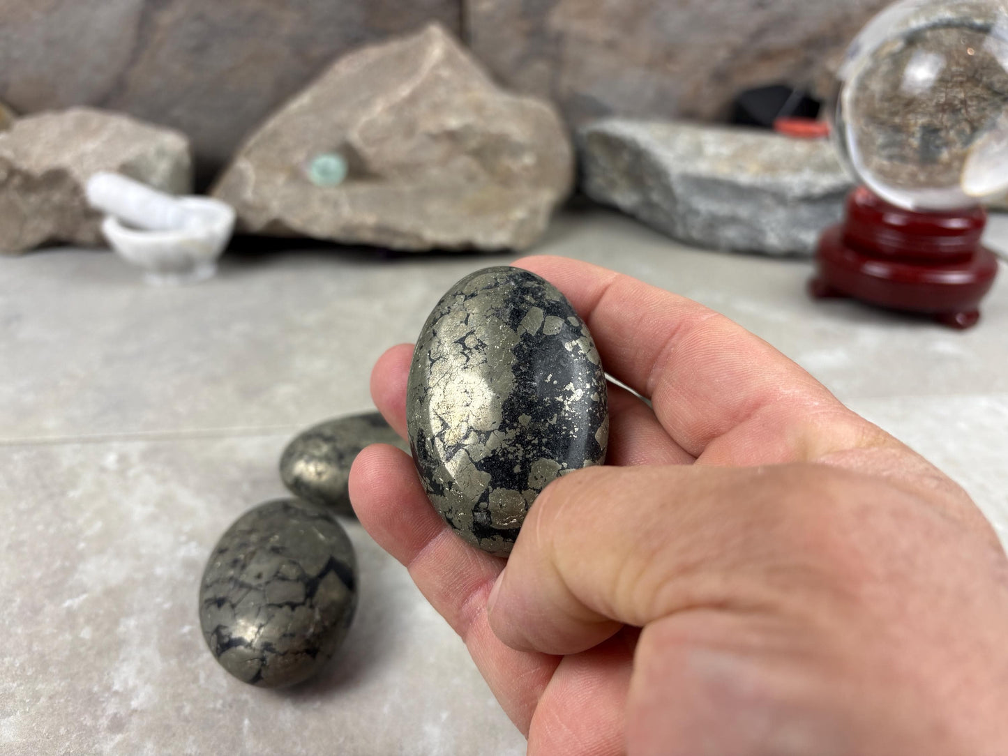 Spanish Black Iron Pyrite Egg Palm Stones Crystal Polished Home Decor, Meditation Dense Heavy stones for distraction from anxiety