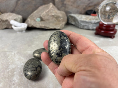 Spanish Black Iron Pyrite Egg Palm Stones Crystal Polished Home Decor, Meditation Dense Heavy stones for distraction from anxiety