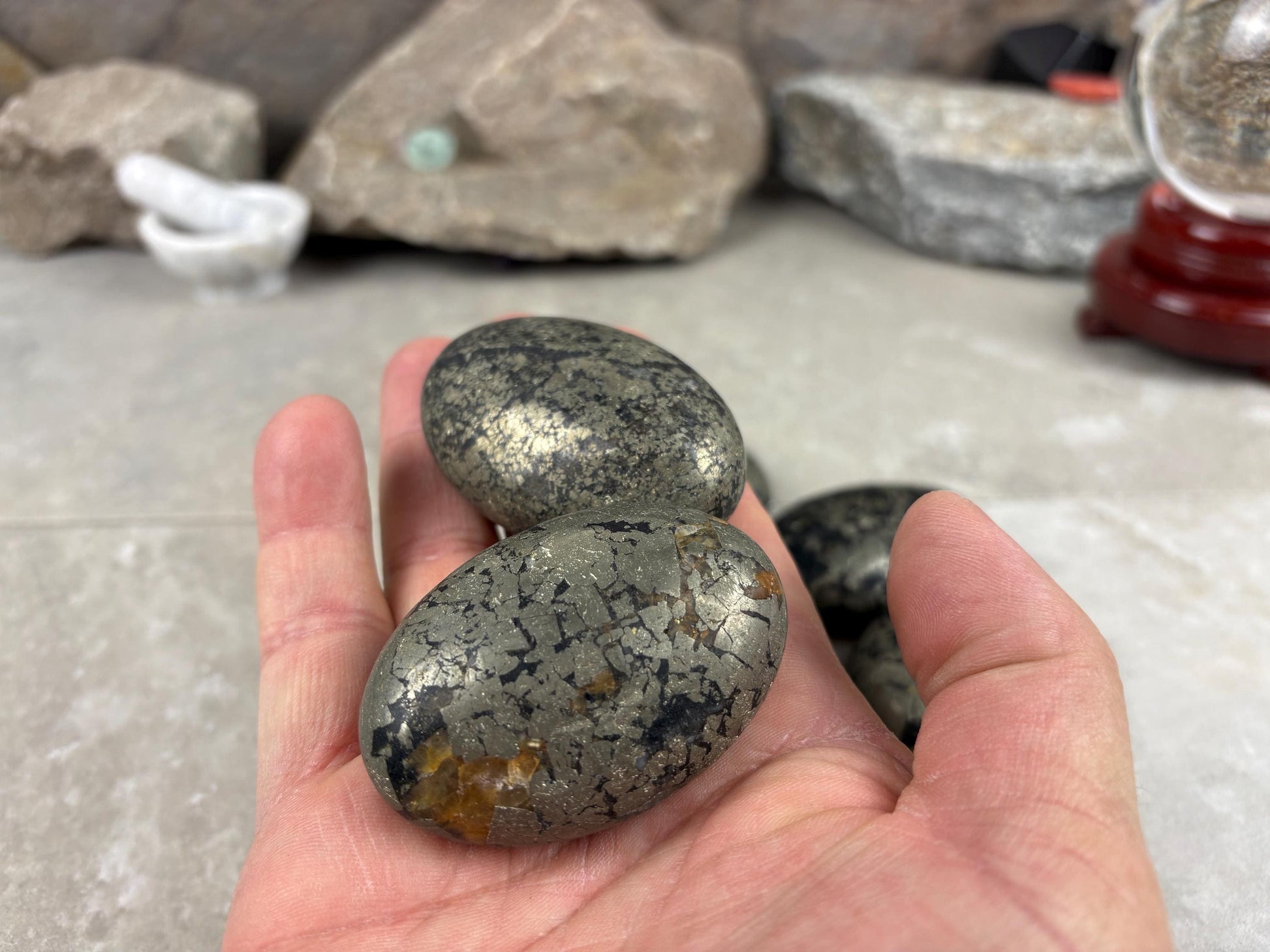 Spanish Black Iron Pyrite Egg Palm Stones Crystal Polished Home Decor, Meditation Dense Heavy stones for distraction from anxiety
