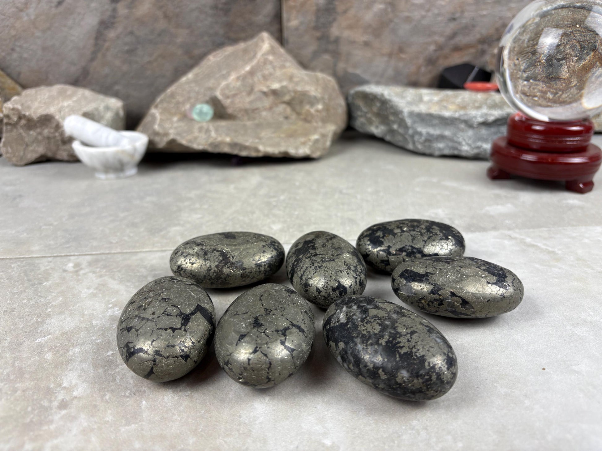 Spanish Black Iron Pyrite Egg Palm Stones Crystal Polished Home Decor, Meditation Dense Heavy stones for distraction from anxiety
