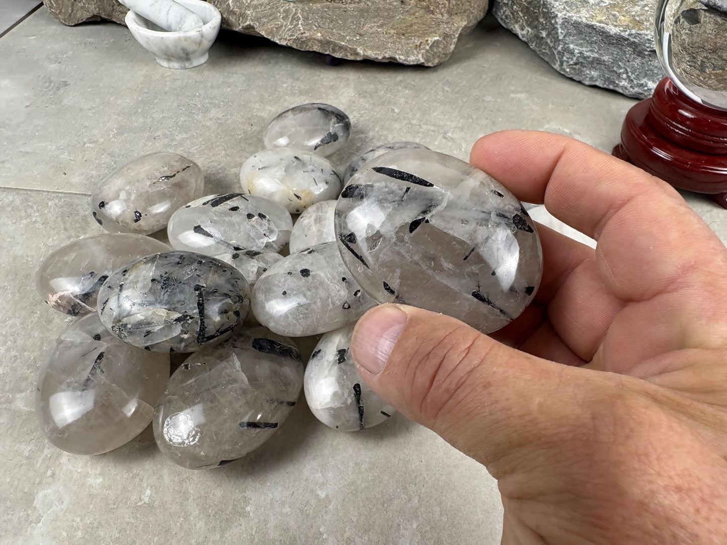 Brazilian Minas Gerais Tourmaline Quartz Palm Natural Crystal Polished Worry Stone Decor Anxiety Pocket Distraction Meditation Christmas