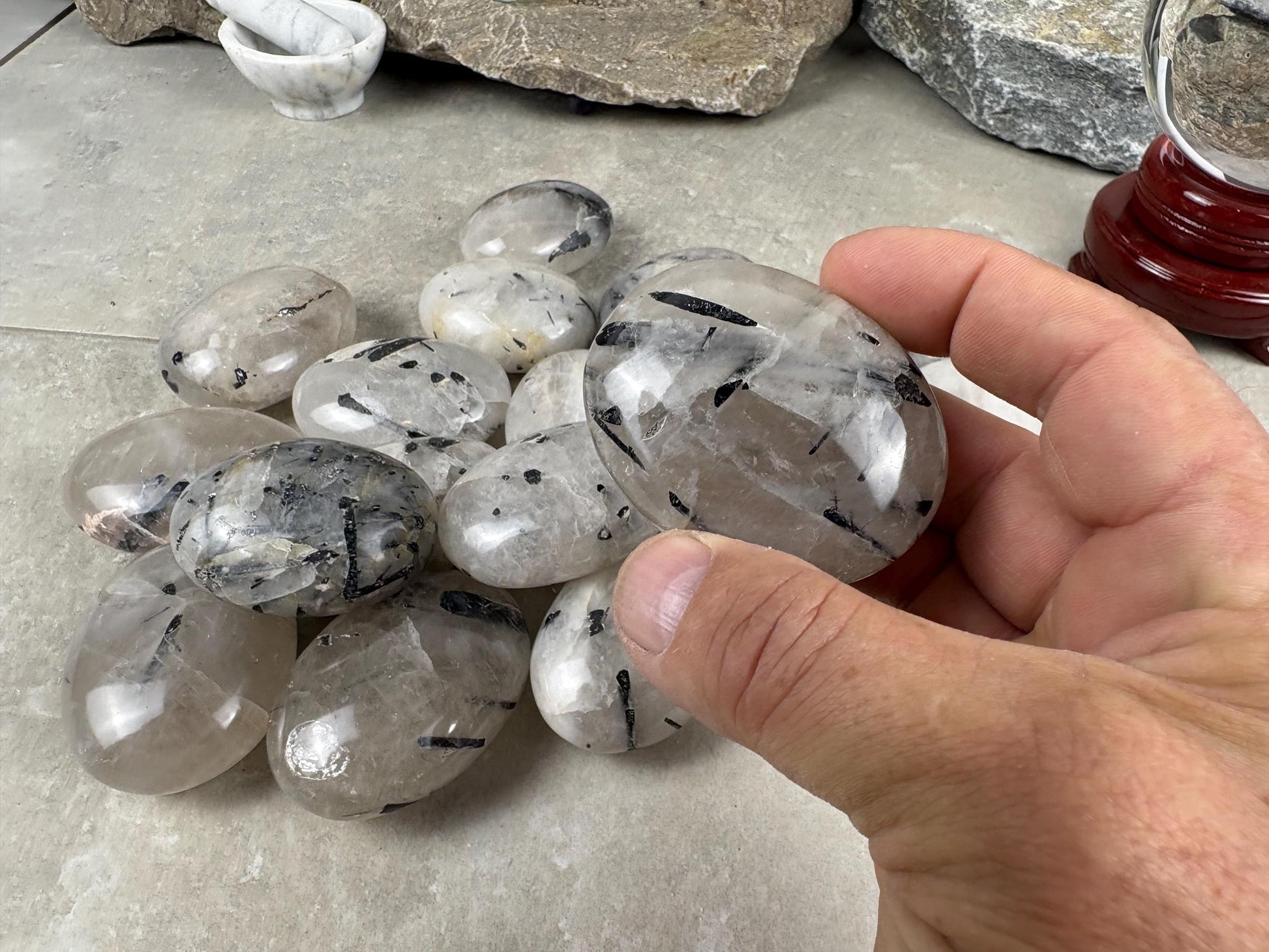 Brazilian Minas Gerais Tourmaline Quartz Palm Natural Crystal Polished Worry Stone Decor Anxiety Pocket Distraction Meditation Christmas