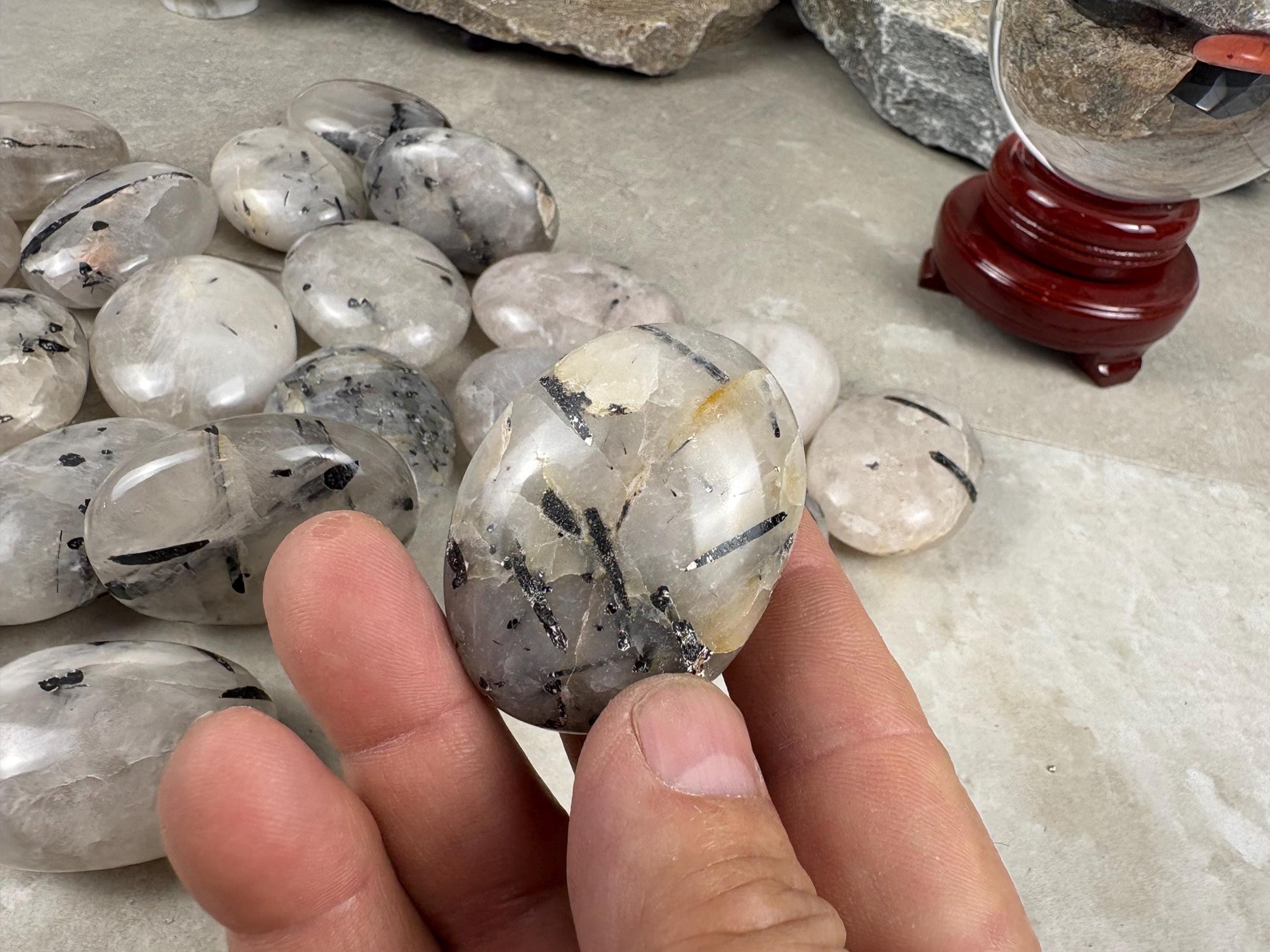 Brazilian Minas Gerais Tourmaline Quartz Palm Natural Crystal Polished Worry Stone Decor Anxiety Pocket Distraction Meditation Christmas