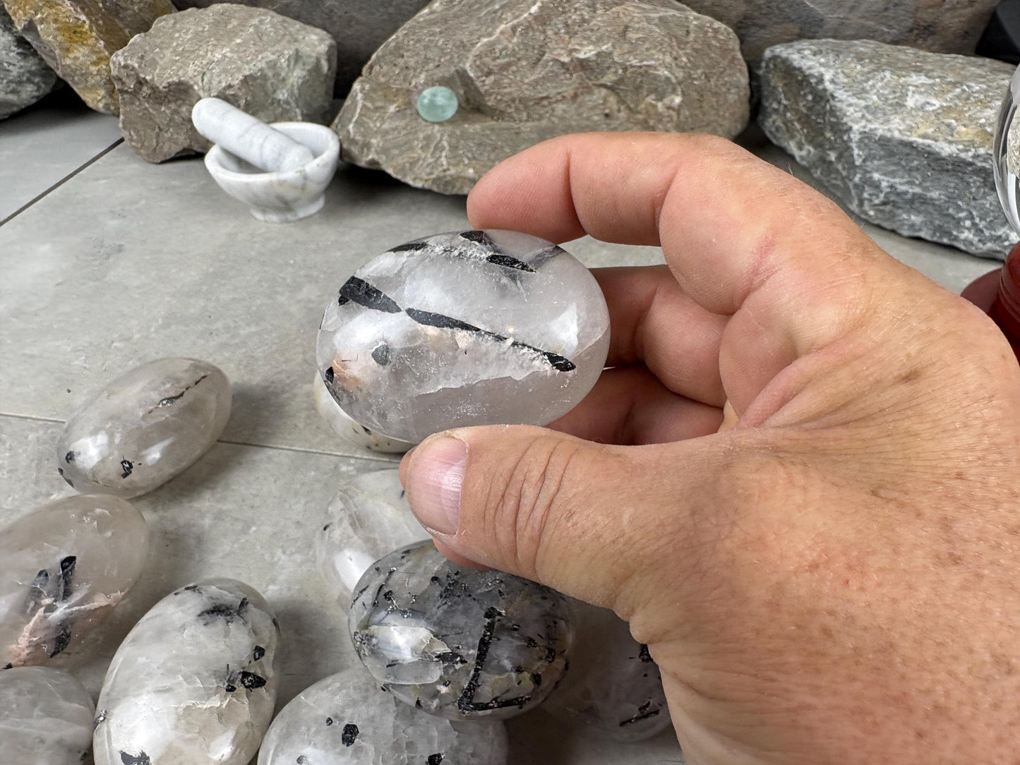 Brazilian Minas Gerais Tourmaline Quartz Palm Natural Crystal Polished Worry Stone Decor Anxiety Pocket Distraction Meditation Christmas