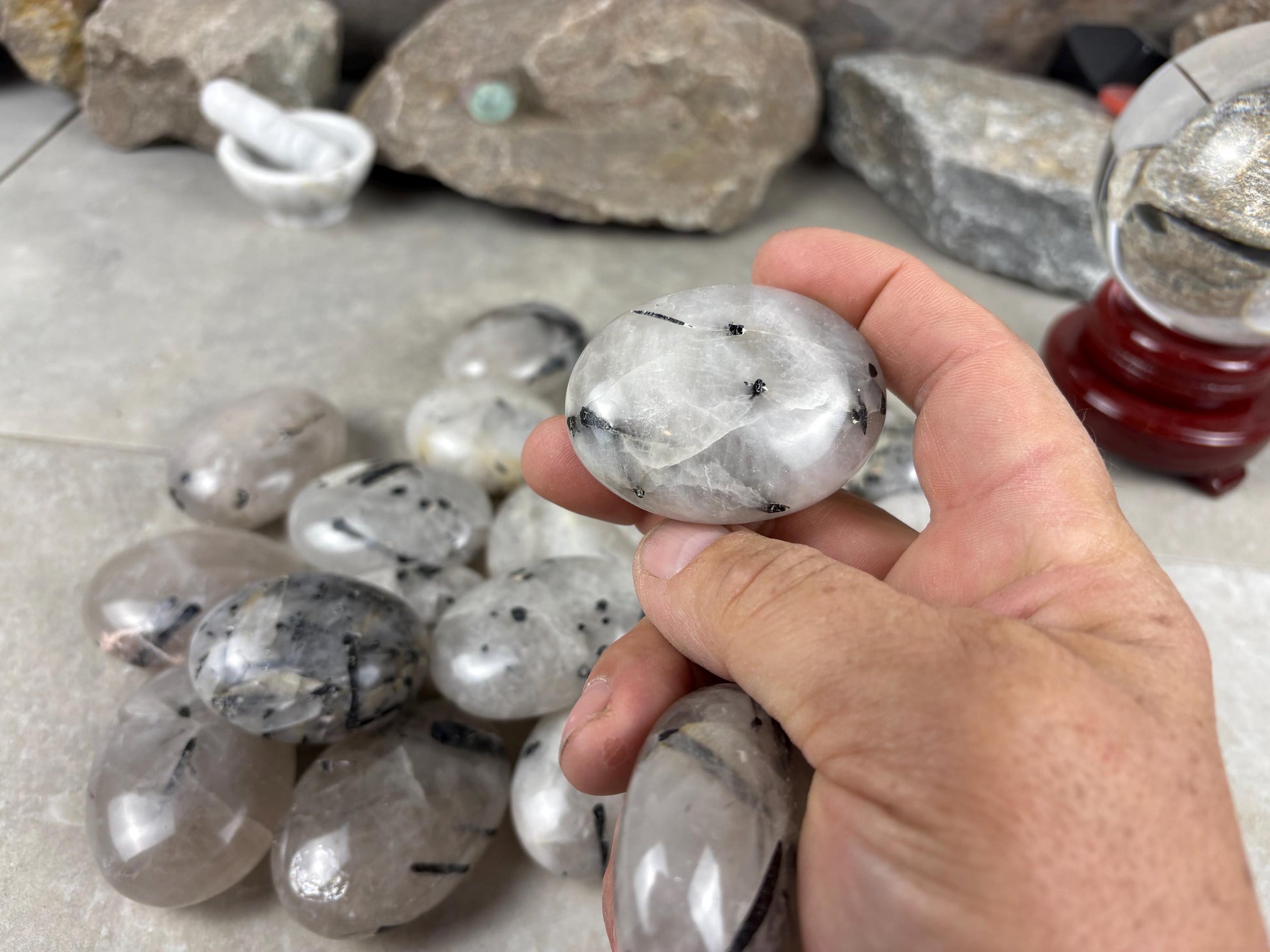 Brazilian Minas Gerais Tourmaline Quartz Palm Natural Crystal Polished Worry Stone Decor Anxiety Pocket Distraction Meditation Christmas