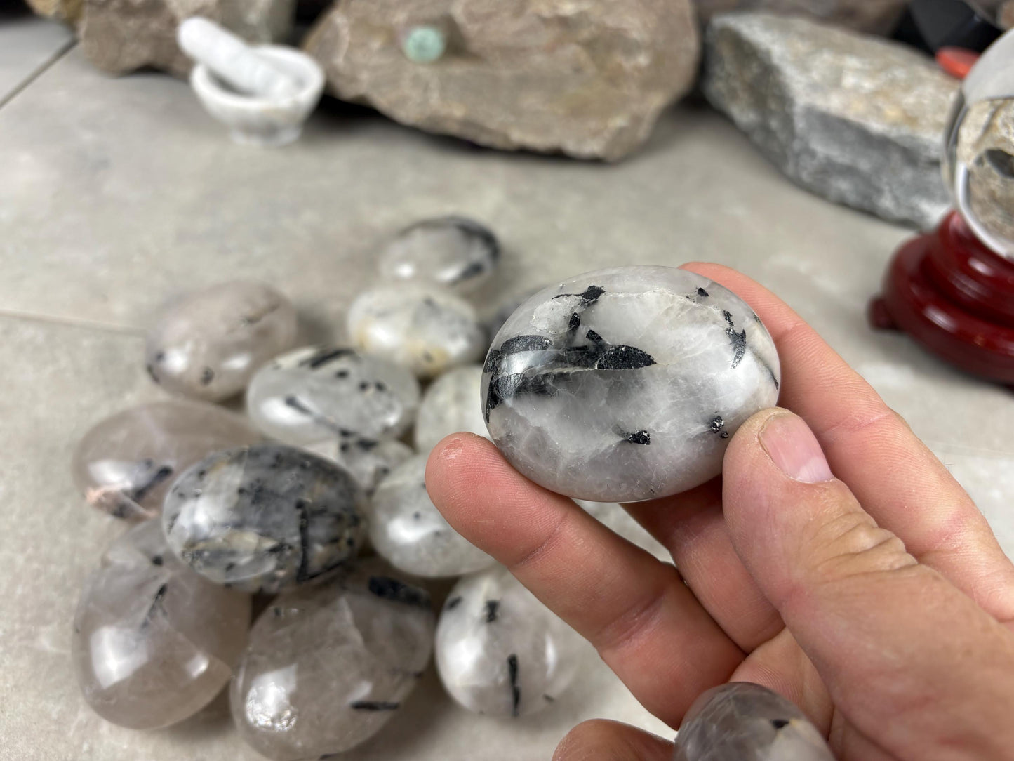 Brazilian Minas Gerais Tourmaline Quartz Palm Natural Crystal Polished Worry Stone Decor Anxiety Pocket Distraction Meditation Christmas